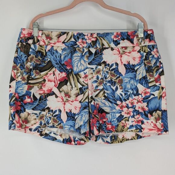 J. Crew Blue Pink Green Tropical Floral Stretch Cotton Chino Shorts Plus Size 14 - Picture 1 of 9